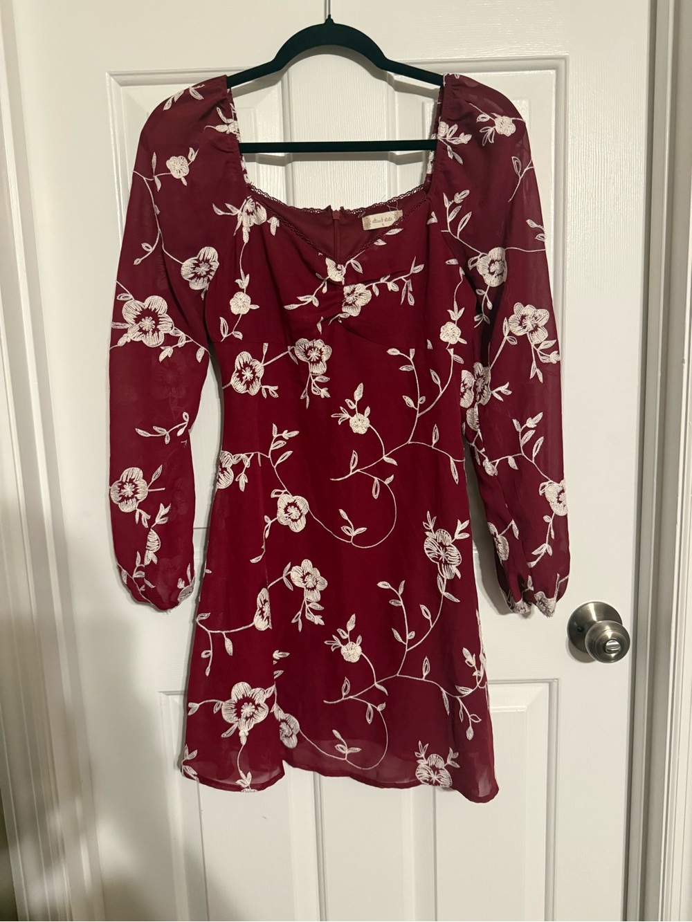 Altar'd State Maroon Burgundy Floral Embroidered Mini Dress Small Long Sleeve